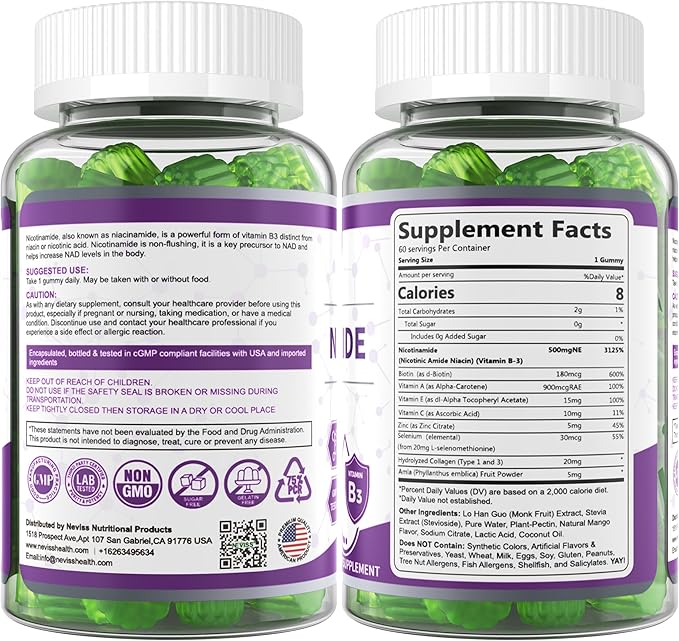 Nicotinamide 500mg Gummies, (Flush Free Niacin) Vitamin B3 Niacinamide Supplement for Cell Regeneration, NAD+ Levels, Anti-Aging, Cellular Energy, Focus & DNA Repair, Longevity, Sugar Free, 60Cts