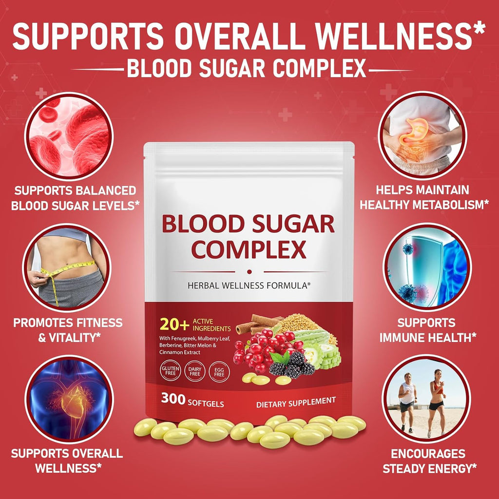 300 Softgels Blood Sugar Complex Supplement | 20+ Active Natural Herbs-Cinnamon, Bitter Melon, Mulberry Leaf, Fenugreek, Berberine, Vitamins for Energy Level, Vitality Support | Clean Ingredients