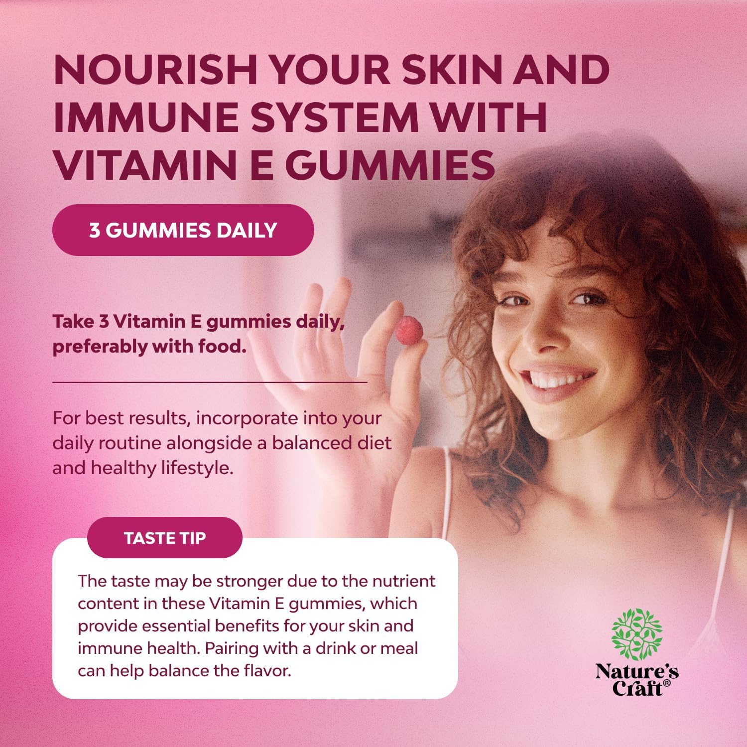 Natures Craft Vitamin E Gummies for Skin Care - High-Potency Vitamin E 400 IU Skin Supplement - Delicious & Easy-to-Take Supplement Promote Health Immune Support & Cellular Protection (3 Months)