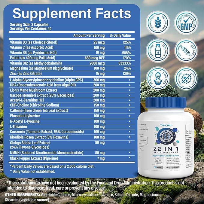 Brain Supplements for Memory and Focus, Clarity & Cognitive Improvement, 300mg Alpha GPC, CDP-Choline, DHA, Lion’s Mane, L-Theanine, Vitamin & Phosphatidylserine for Men & Women, 120 Capsules