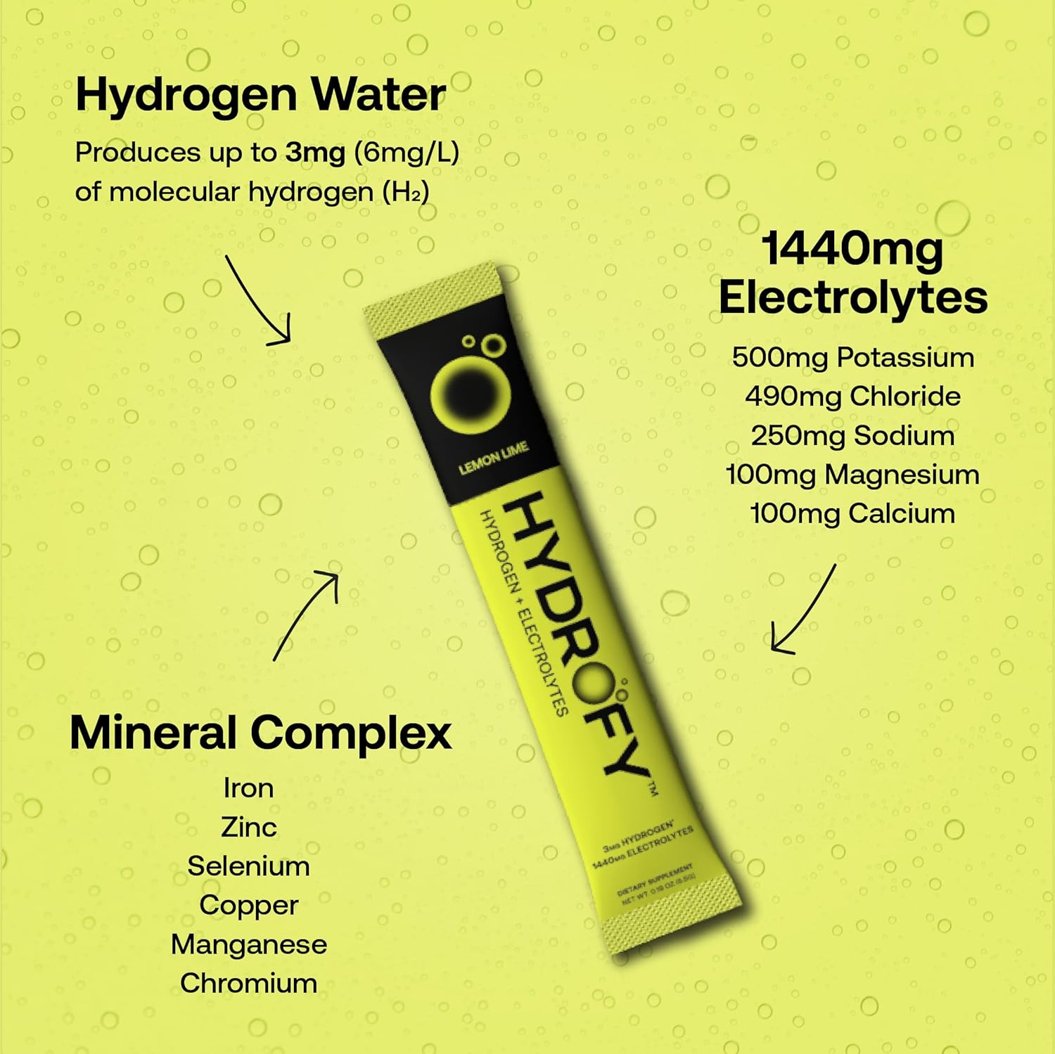 Hydrofy Hydrogen Water + Electrolytes Drink Mix | H2 Hydration Packets with Molecular Hydrogen, Sodium, Potassium, Magnesium, Calcium, and Minerals | No Sugar | Lemon Lime | 25 ct
