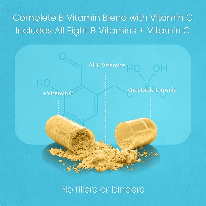 Vitamin B-Complex with Vitamin C – Includes Active B2 (Riboflavin-5-Phosphate), B6 (Pyridoxal-5-Phosphate), B9 (5-MTHF) and B12 (Methylcobalamin); plus B1, B3, B5 and B7 – 100 Capsules (2 Pack)