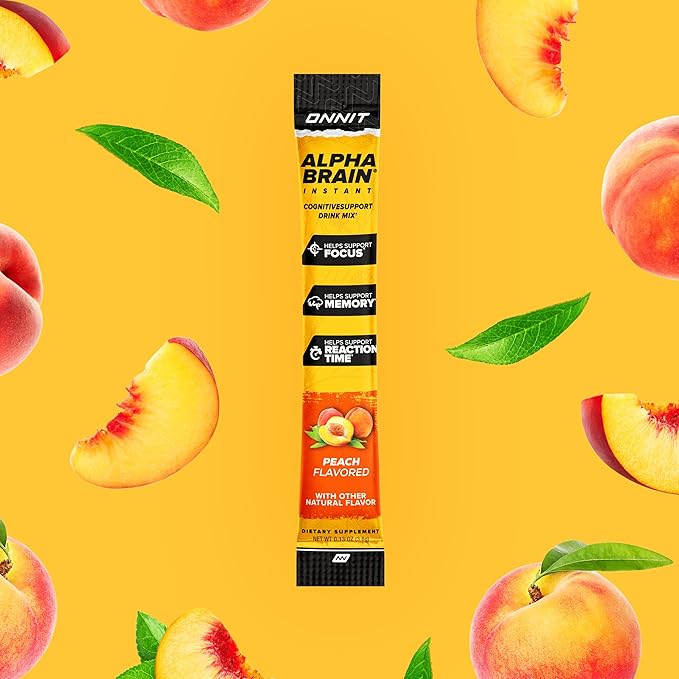 ONNIT Alpha Brain Instant Cognitive Support Drink Mix, Nootropic Supplement for Focus, Memory and Clarity, Peach Flavor, 0.13 oz Packets, 30 Count
