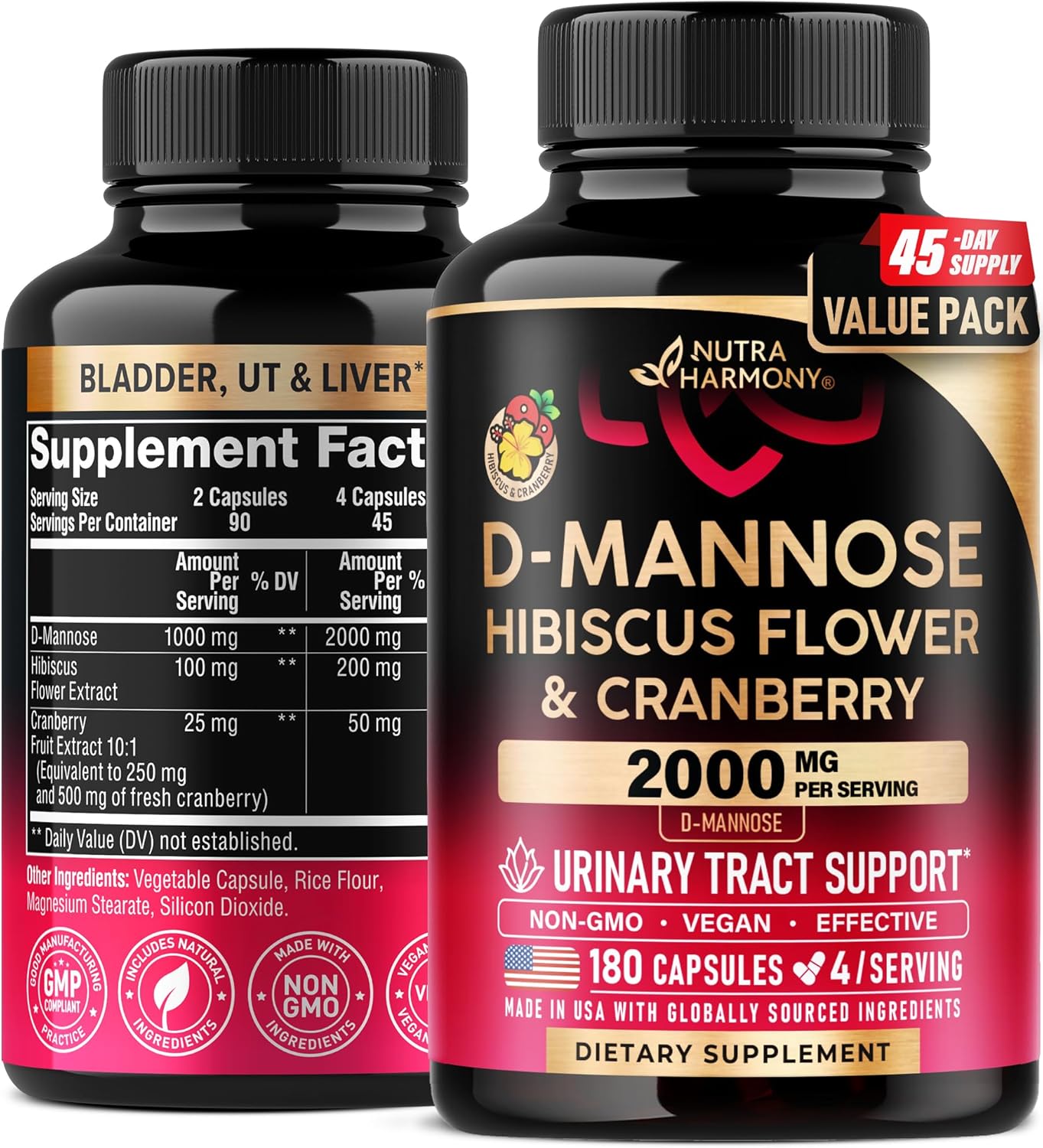 D-Mannose 2000mg with Cranberry & Hibiscus - Clinically Tested Strength for Urinary Tract Health - Supplement for Women - Bladder, Liver & Microflora Support - Made in USA - Vegan, 180 Capsules