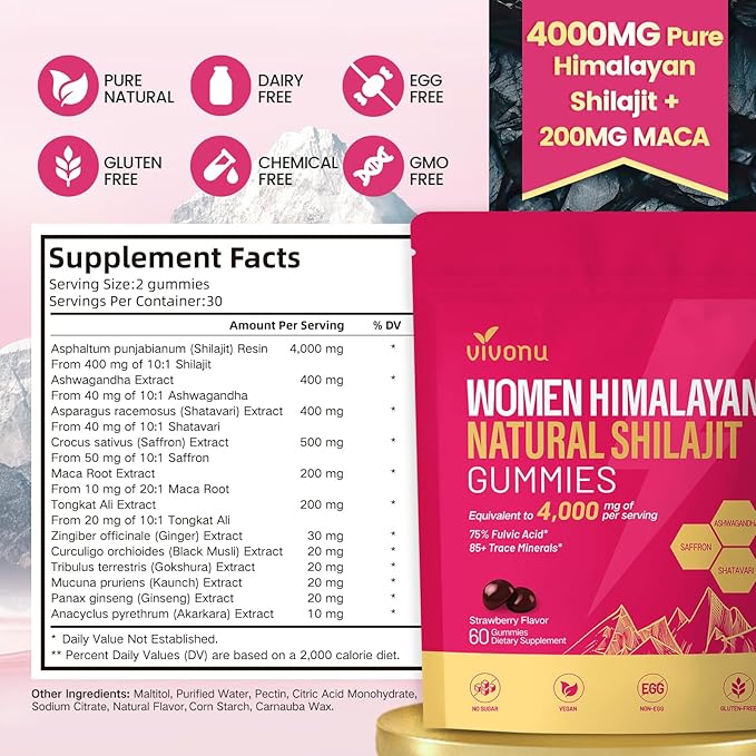 Shilajit for Women Gummies, micronutrient Supplement, Pure Himalayan Shilajitn, Contains Tongkat Ali, Ashwagandhaa, Turmeric, Saffron for hormonal Balance & Energy | Strawberry Flavor (60 Gummies)