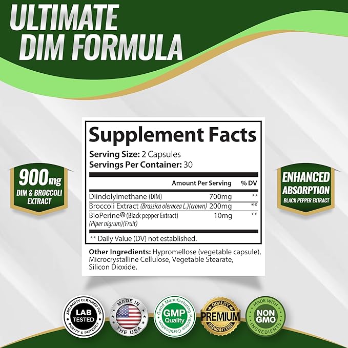 Dim Supplement 910 mg Plus BioPerine Complex - Diindolylmethane to Support Hormone Balance and Estrogen Metabolism, Helps with Menopause Acne PCOS Better Skin Bodybuilding, for Men Women, 60 Capsules