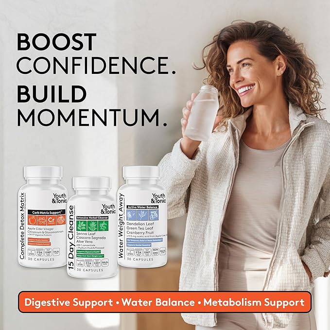 Youth & Tonic 3PK Detox Cleanse Kick Off Weight Management & Bloating Support – 15 Day Colon & Gut Cleanse, Water Weight Away & Detox Matrix Complex – 90 Pills