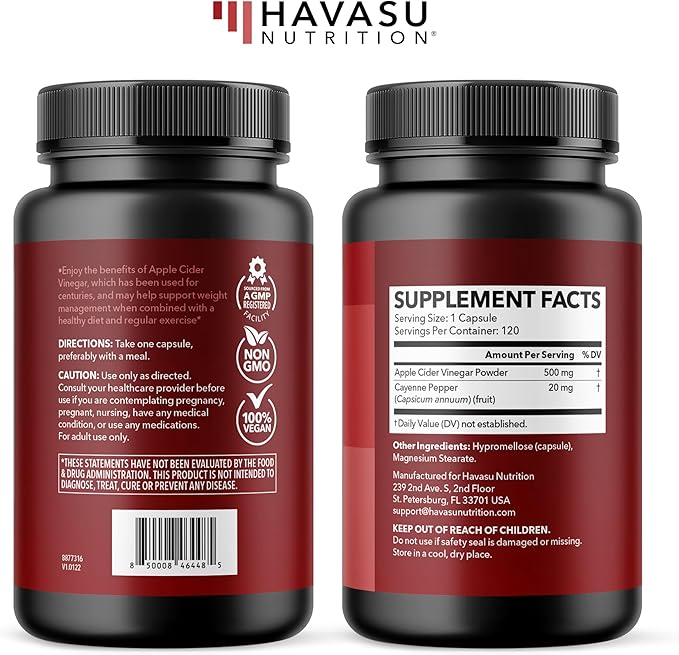 Apple Cider Vinegar Capsules with Cayenne Pepper for Digestive Health Support - 500mg ACV and 20mg Capsicum Annuum - Easy-to-Take, Unflavored Pills - 120 Count - Vegan, Non-GMO - 4 Month Supply