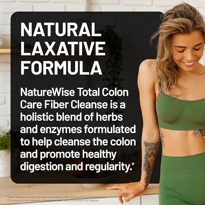 NatureWise Total Colon Care Fiber Cleanse - Natural Laxative Blend - Herbal Laxatives, Prebiotics, & Enzymes for Regularity, Digestion, Weight & Gut Health - Non-GMO - 60 Capsules[30-Day Supply]