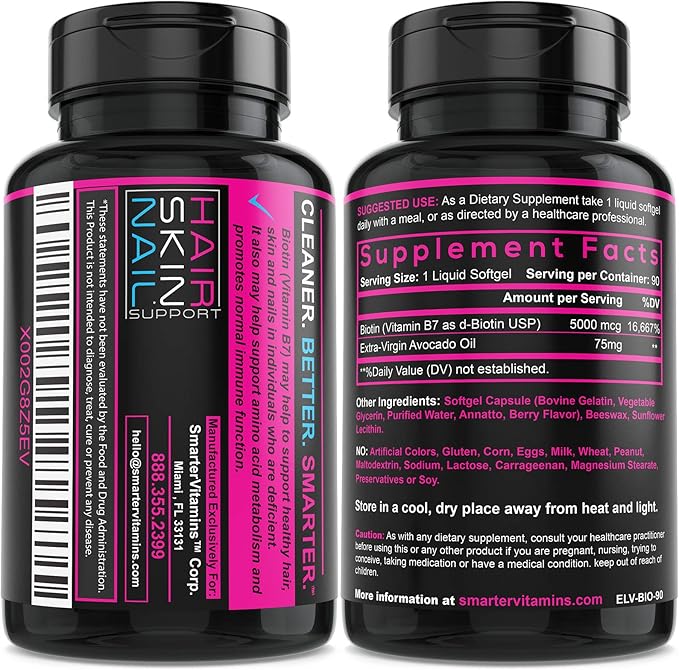 (2 Pack) Smarter Biotin 5000mcg in Avocado Oil, Vitamin B7, Non-GMO, 90 Mini Liquid Softgels, No Soy