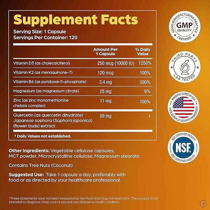 Sandhu's Vitamin D3 K2 Magnesium 10000 IU, 120mcg K2 Capsules 120 Count (Pack of 1) | with VIT B6, Zinc & Quercetin | D3K2 Supports Superior Absorption, Energy, Immune, Muscle Health for Men & Women