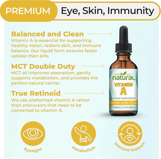 Why Not Natural Vitamin A Drops 10000 IU - Liquid retinyl Palmitate with Coconut MCT Oil, Vegan VIT A Supplement for Skin - 1 oz sublingual Tincture