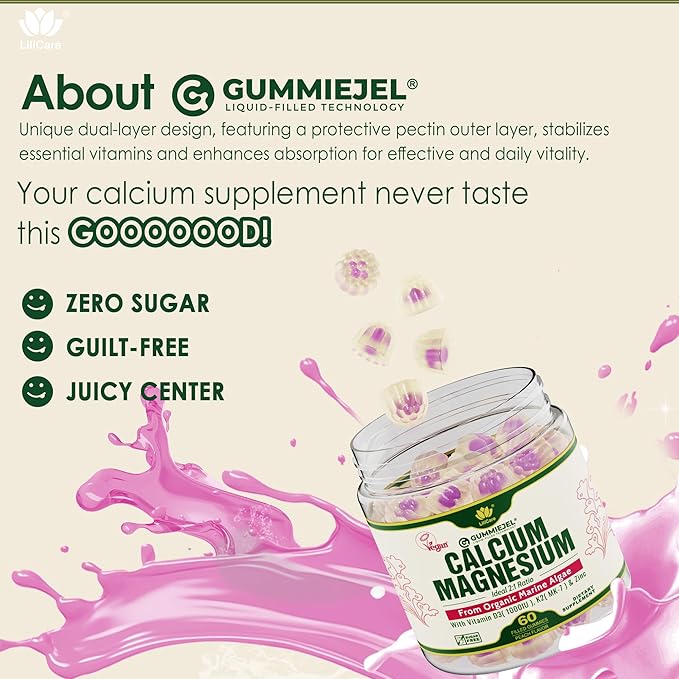 2 Pack - Plant Based Calcium Gummies 600mg with Vitamin D3 K2, Magnesium, Zinc for Bone Strength, Sugar Free Calcium Supplements for Women & Men (Certified Vegan) from Sustainably Organic Red Algae