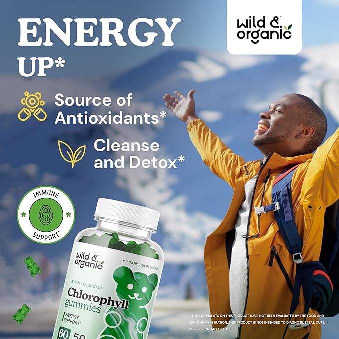 Wild & Organic Chlorophyll Gummies 50mg - Detox Cleanse Supplements w/Sodium Copper Chlorophyllin - Internal Deodorant w/Chlorophyll Powder - Vegan, Non-GMO - 60 Herbal Chews