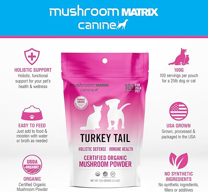 Om Mushroom Matrix Pet - Canine | Turkey Tail | USA Grown Human-Grade Organic Mushroom Powder Pet Supplement | Immunity Support & Holistic Defense for Dogs & Cats | 100 Grams, 3.5 oz