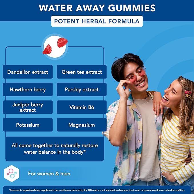 GOJOY Water Away Gummies – Natural Diuretic Support for Water Retention & Hydration Balance – Herbal Formula with Dandelion – 60 Vegan Gummies