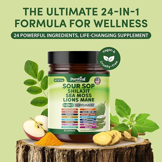 Soursop Shilajit, Sea Moss, and Lions Mane - 24-in-1 Supplement with Ashwagandha, Black Seed Oil, Rhodiola Rosea, Ginger, Collagen, Turmeric - Made in USA - 60 Capsules