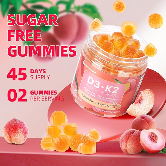 Vitamin D3 K2 Gummies w/Magnesium Sugar Free - 90 Count | D3 Vitamin 5,000 IU + K2(MK-7) 100 mcg - Vegan K2 D3 Vitamin Supplement, Highly Absorbent Supports Bone, Muscle, Mood & Immune(Peach Flavor)