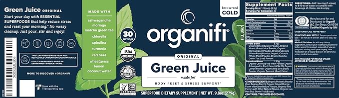 Organifi Green Juice - Powder Supplement with Organic Spirulina, Ashwagandha, and Chlorella - Helps Achieve Fitness Goals and Reduce Cortisol Levels - 3 Pack