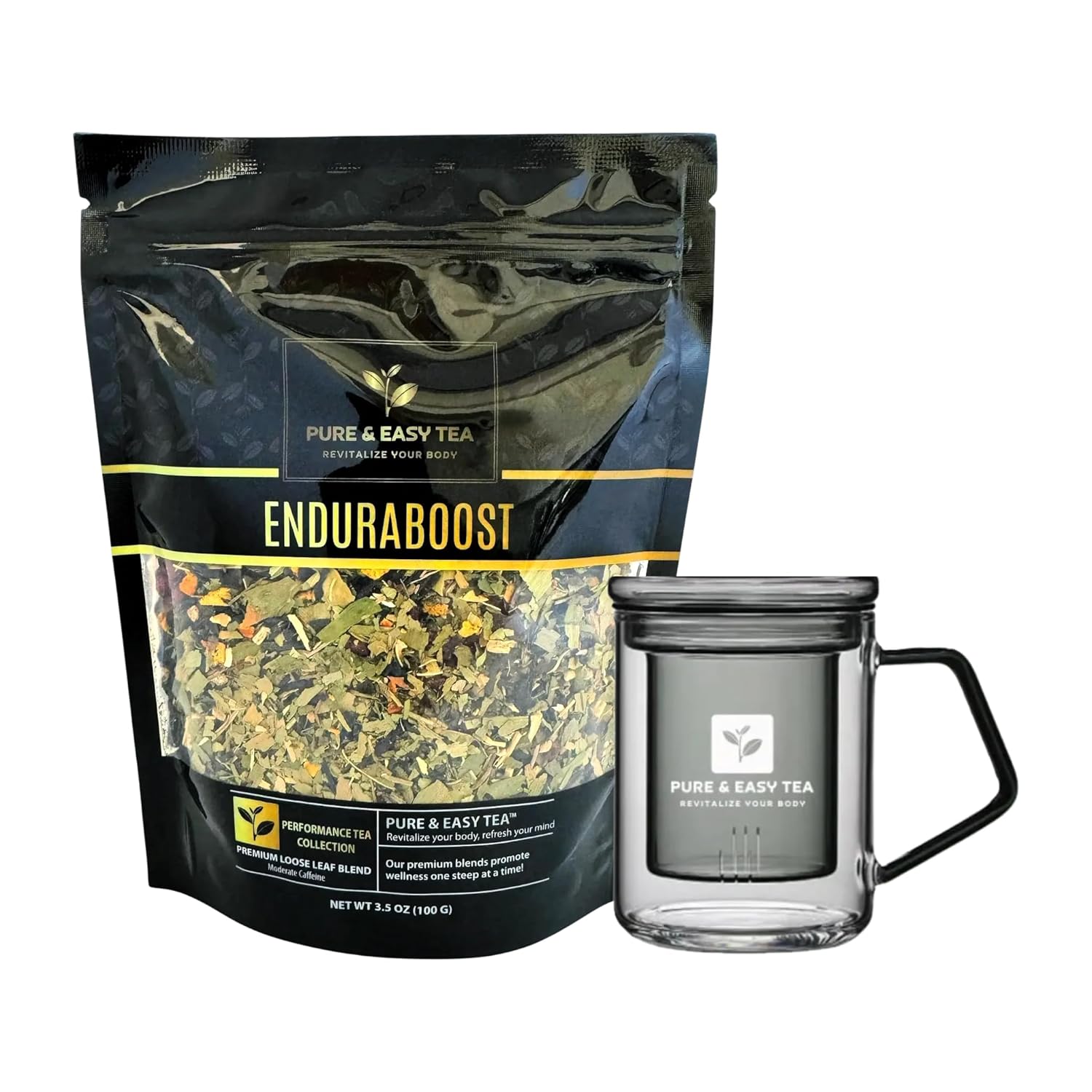 Pure And Easy Tea, EnduraBoost & Borosilicate Glass Brewing Mug, 100% Natural, Caffeinated, Premium Loose Leaf Tea Blend, 100g/3.54oz