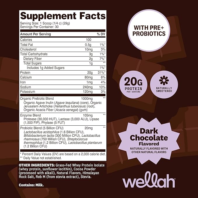 Wellah Grass-Fed Whey Protein Isolate Powder (Dark Chocolate) 30 Servings - with Prebiotics, Enzymes & Probiotics, 20g of Protein, 100 Calories, Naturally Sweetened