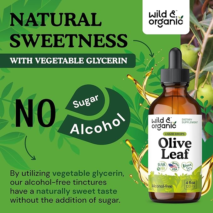 Wild & Organic Olive Leaf Liquid Extract - Olive Leaf Supplement for Immune Support - Oleuropein Liquid Drops - Vegan, Sugar & Alcohol Free Tincture - 4 fl oz