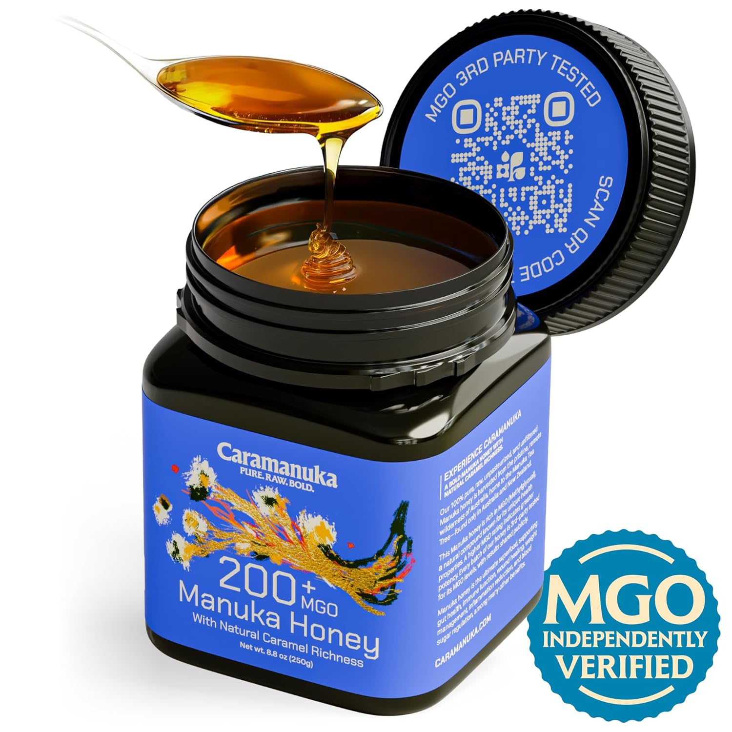 Caramanuka Manuka Honey MGO 200 – 100% Raw & Unfiltered Australian Honey, Independently Lab-Tested for MGO & Glyphosate, Bold Caramel-Like Flavor, 8.8 oz (250g)