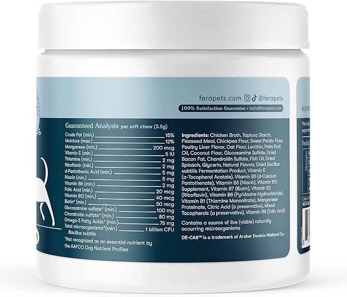 Fera Pets Dog Multivitamin Chews with Glucosamine and Probiotics - Essential Dog Vitamins & Minerals - Promotes Healthy Digestion & Joints - Boosts Skin & Coat Health with Omega-3s - 90 Soft Chews