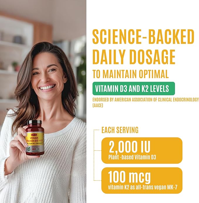 FAMILI+ 180 Days Vegan Vitamin D3+K2 Softgel with Coconut MCT Oil | 2000IU Plant Source Vitamin D3 + 100 mcg Vitamin K2 MK-7 | for Bone, Muscel, Immune, Teeth & Heart Health | 100% Vegan no-Gelatin