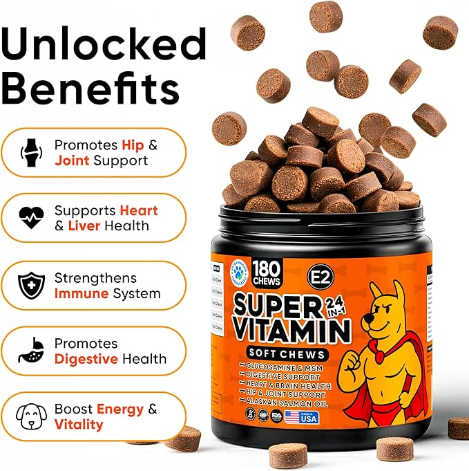 24-in-1 Dog Multivitamin with Glucosamine - Chewable Dog Vitamins and Supplements for Hip & Joints - Ideal for Immune Support and Digestive Health - Best for Senior Dogs and Puppies’ Skin & Heart