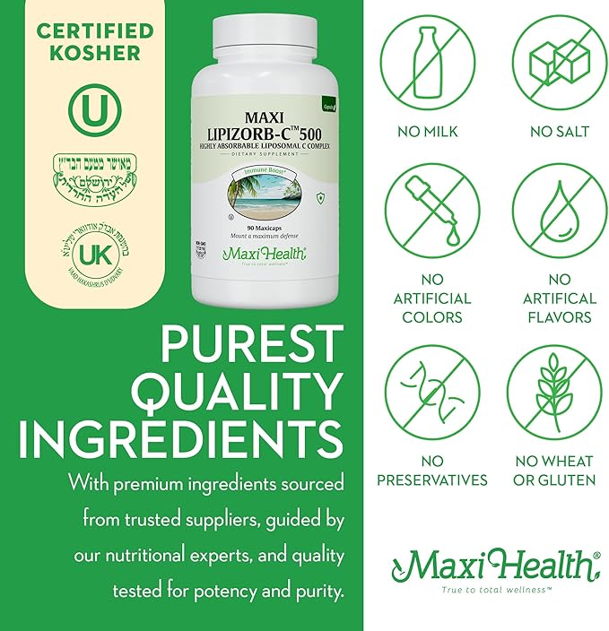 Maxi Health Liposomal Vitamin C 500mg Capsules with Digestive Blend, Highly Absorbable High Dose VitaminC, Non GMO Kosher Vegetarian Doctor-Formulated Immune Support Supplement (90 Count)