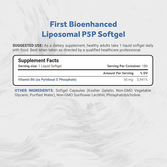 Naturalis Liposomal P-5-P 50mg Activated Vitamin B6 Nano-Emulsified in MCT Oil for Better Absorption | Non-GMO and Soy Free | Support Energy Metabolism and Neurological Function | 180 Softgels