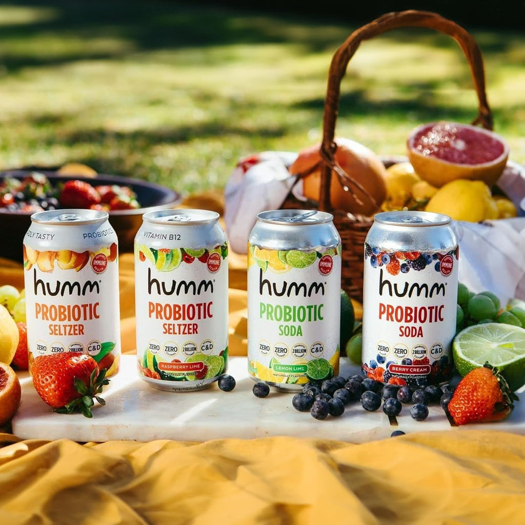 Humm Sparkling Probiotic Lemon Lime Soda, Zero Sugar, Zero Calorie, 2 Billion Probiotics, Vitamin C, D, and B12, 12 fl oz (Pack of 12)