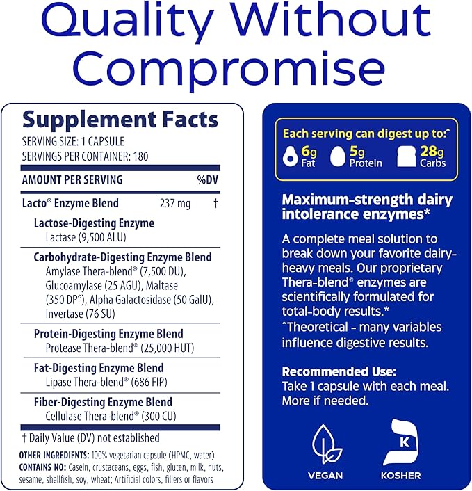 Enzymedica Lacto, Advanced Lactase Pills for Dairy Support, Helps Break Down Lactose, Casein & Fat, Dairy Relief Pills, Vegan, 180 Capsules