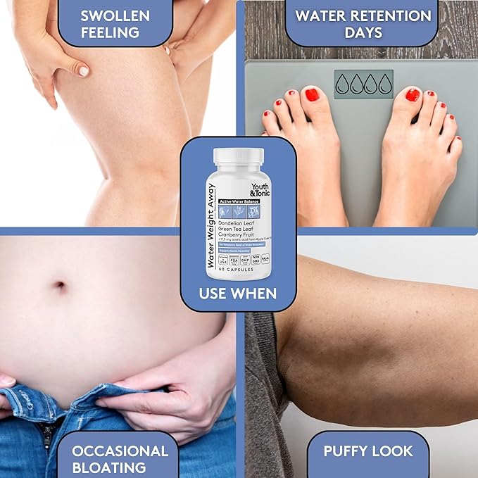Youth & Tonic Water Weight Away – Herbal Diuretics for Water Retention & Bloating Support – with Potassium & Vitamin B6 for Fluid Balance – 60 Pills for Belly Bloat, Leg & Feet Swelling Support