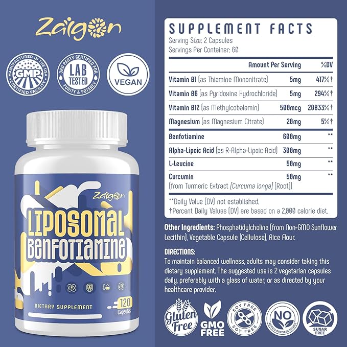 Zaigon Benfotiamine Thiamine Vitamin B1 Supplement, 600mg Liposomal Fat Soluble VIT B1 with Alpha-Lipoic Acid for Men & Women, Energy Boost, Glucose Metabolism & Nerve Support (120 Vegan Capsules)