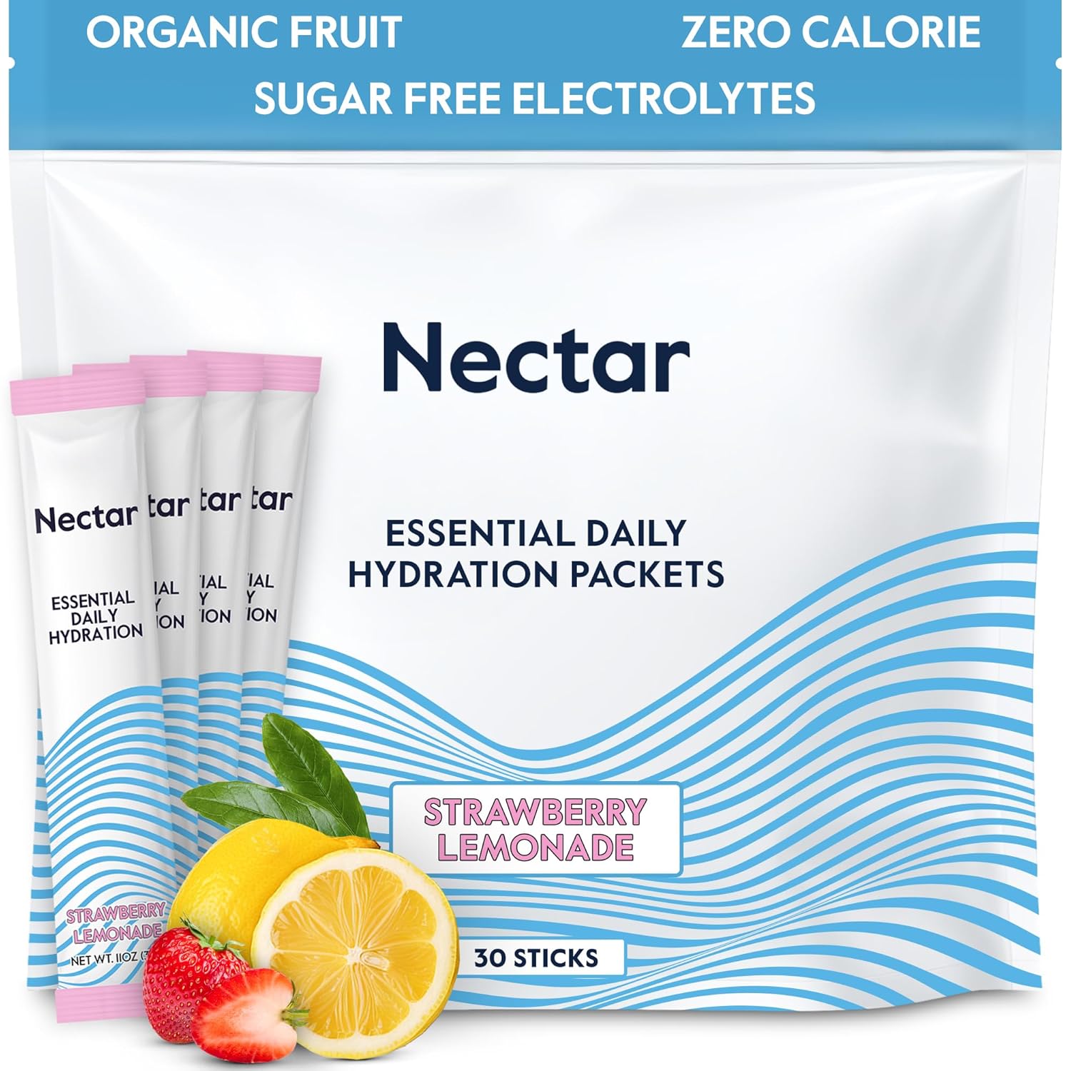 Nectar Hydration Packets - Electrolytes Powder Packets - No Sugar or Calories - Organic Fruit Liquid Daily IV Electrolytes Powder for Dehydration Relief & Rehydration (Strawb. Lemon 30 Pack)
