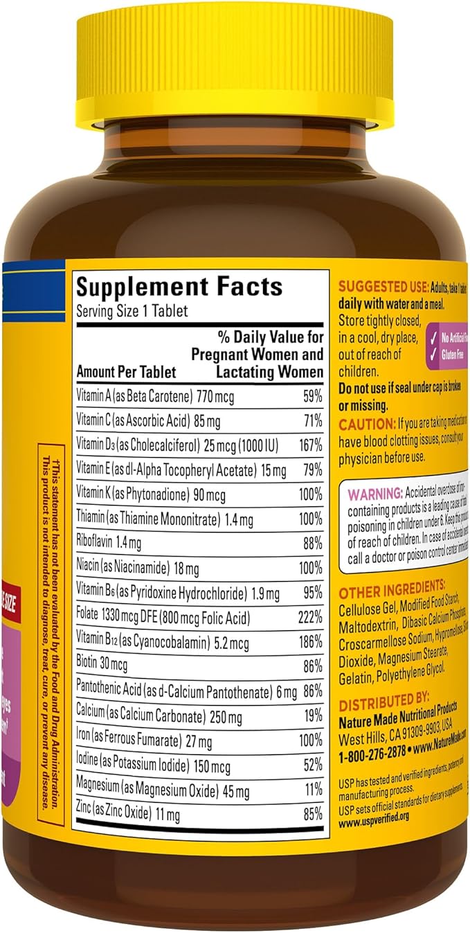 Nature Made Prenatal Multivitamin with Folic Acid, Vitamin & Mineral Supplement, Daily Nutritional Support, Prenatal Vitamins for Women, 250 Tablets, 250 Day Supply