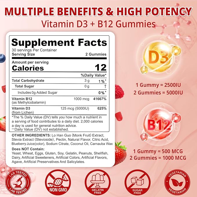 NEVISS 2Pack Vegan Vitamin D3 + Vitamin B12 Gummies, High Potency D3 5000IU & 1000 mcg Methylated B12, Vitamin D3 and B12 for Adults, Support Bone Health, Immune & Energy Supplement, 120 Count