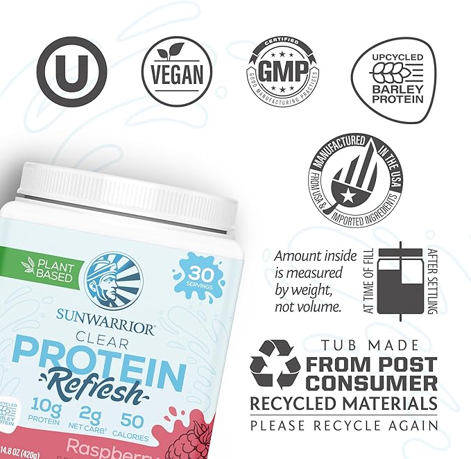 Sunwarrior Clear Protein Powder Plant-Based Water Mix, Vegan and Refreshing Protein and Hydration Supplement 10g Per Serving Raspberry Flavored 420g Tub 30 Servings