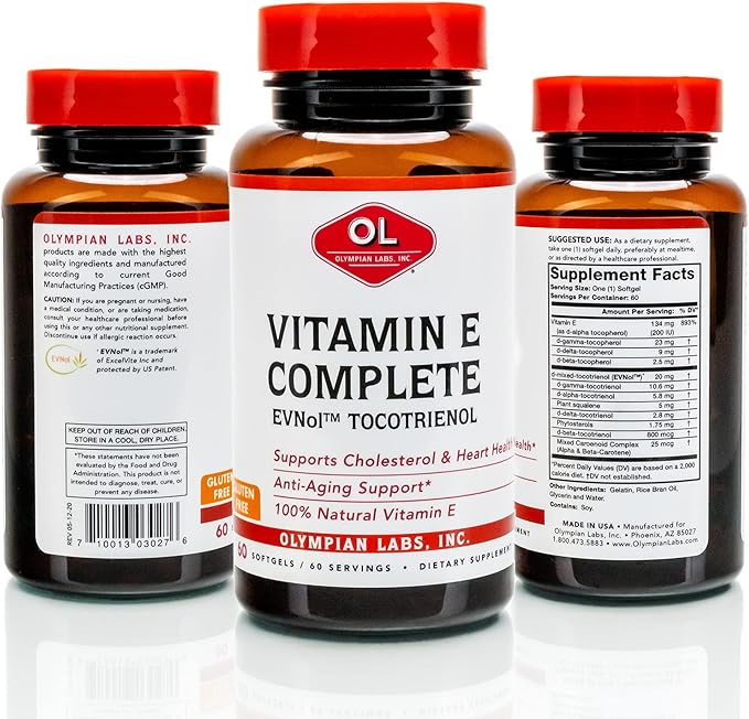 Olympian Labs Vitamin E Complete Tocomin, 200IU 60 Softgels, Fight Free Radicals, Supports Brain, Skin & Hair, 60 Servings