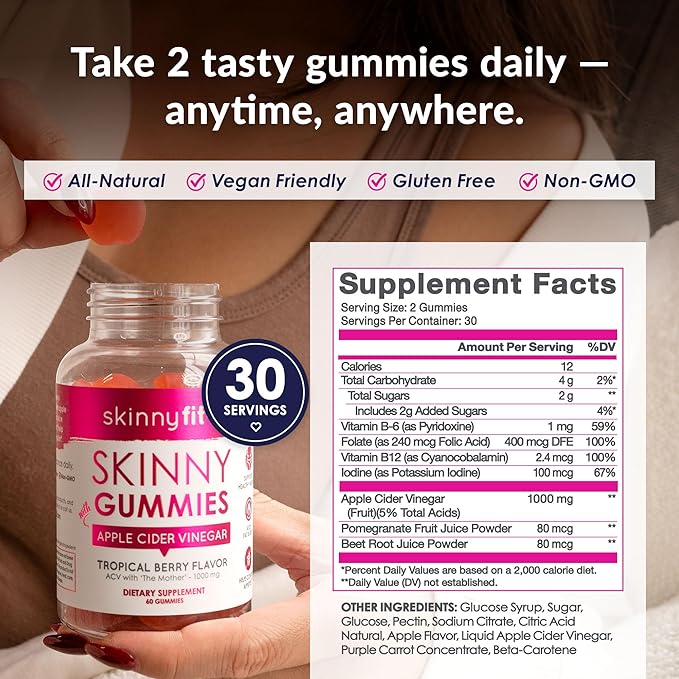 SkinnyFit Skinny Gummies Apple Cider Vinegar Gummies w/ The Mother, Healthy Weight, Immune Support, Vitamin B9, B12, Beetroot, Pomegranate, Vegan-Friendly, 60 Count