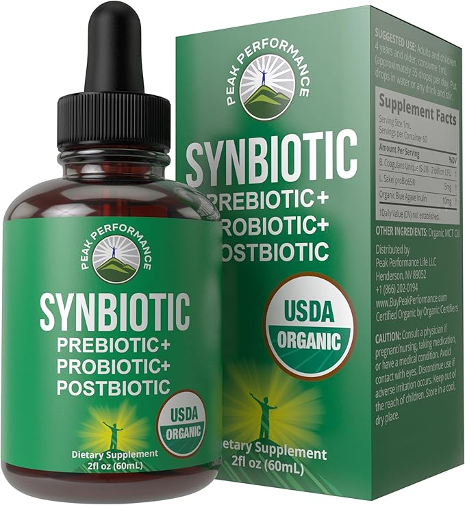 Organic Synbiotic = Prebiotics + Probiotics + Postbiotics 3-in-1 Supplement for Women, Men, & Kids. Pre, Pro, & Post Biotics Liquid Drops for Gut + Microbiome Balance. Made in USA, Vegan, Zero Sugar