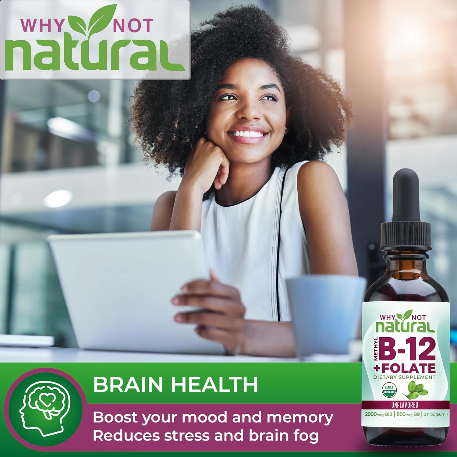 Why Not Natural Vitamin B12 Liquid Plus Folate - Organic Sublingual Extra Strength Vegan Drops - Methyl Supplement with Folinic