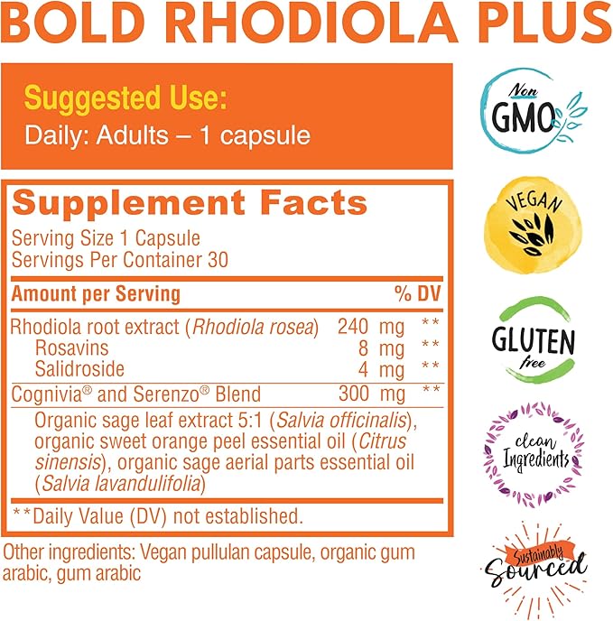Bold Rhodiola Plus- Siberian Rhodiola Rosea Extract- 3% Rosavins, 1% Salidroside- Adaptogen Supplement for Stress, Memory, Focus, & Energy Support- 30 Vegan Capsules