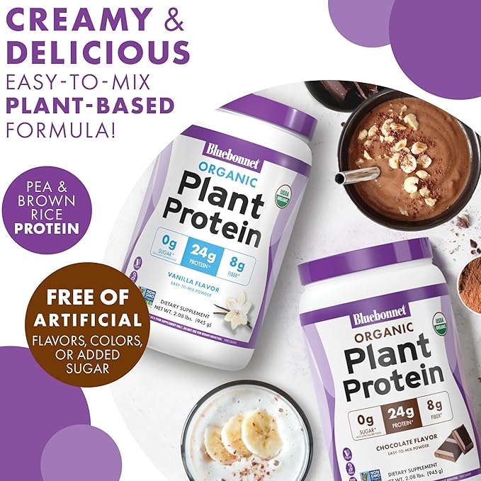 BlueBonnet Nutrition Organic Plant Protein Powder, 24g Plant Based Protein, Zero Sugar, 8g Prebiotic Fiber, USDA Organic, Non-GMO, Kosher, Gluten-Free, Soy-Free, Vegan, Chocolate Flavor, 19 Servings