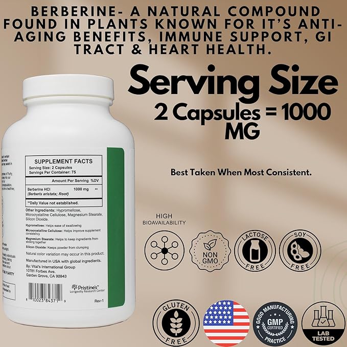 PRISTINE'S Berberine Supplement Capsules - 1000 MG 75 Day Supply 150 Capsules - Heart, & Immunity Health Support Antioxidant - Digestive Tract & Healthy Gut Flora Support