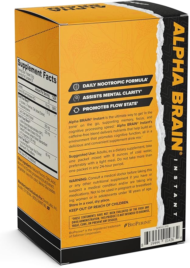ONNIT Alpha Brain Instant Cognitive Support Drink Mix, Nootropic Supplement for Focus, Memory and Clarity, Peach Flavor, 0.13 oz Packets, 30 Count