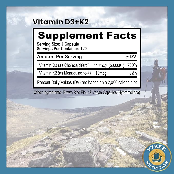 Vykee Nutrition Vitamin D3 K2 Complex - Ultimate Absorption 140mg D3 & 110mg K2 (MK-7) | Vegan, Non-GMO | Supplement for Bone, Teeth, Muscle, & Heart Health | 120 Capsules