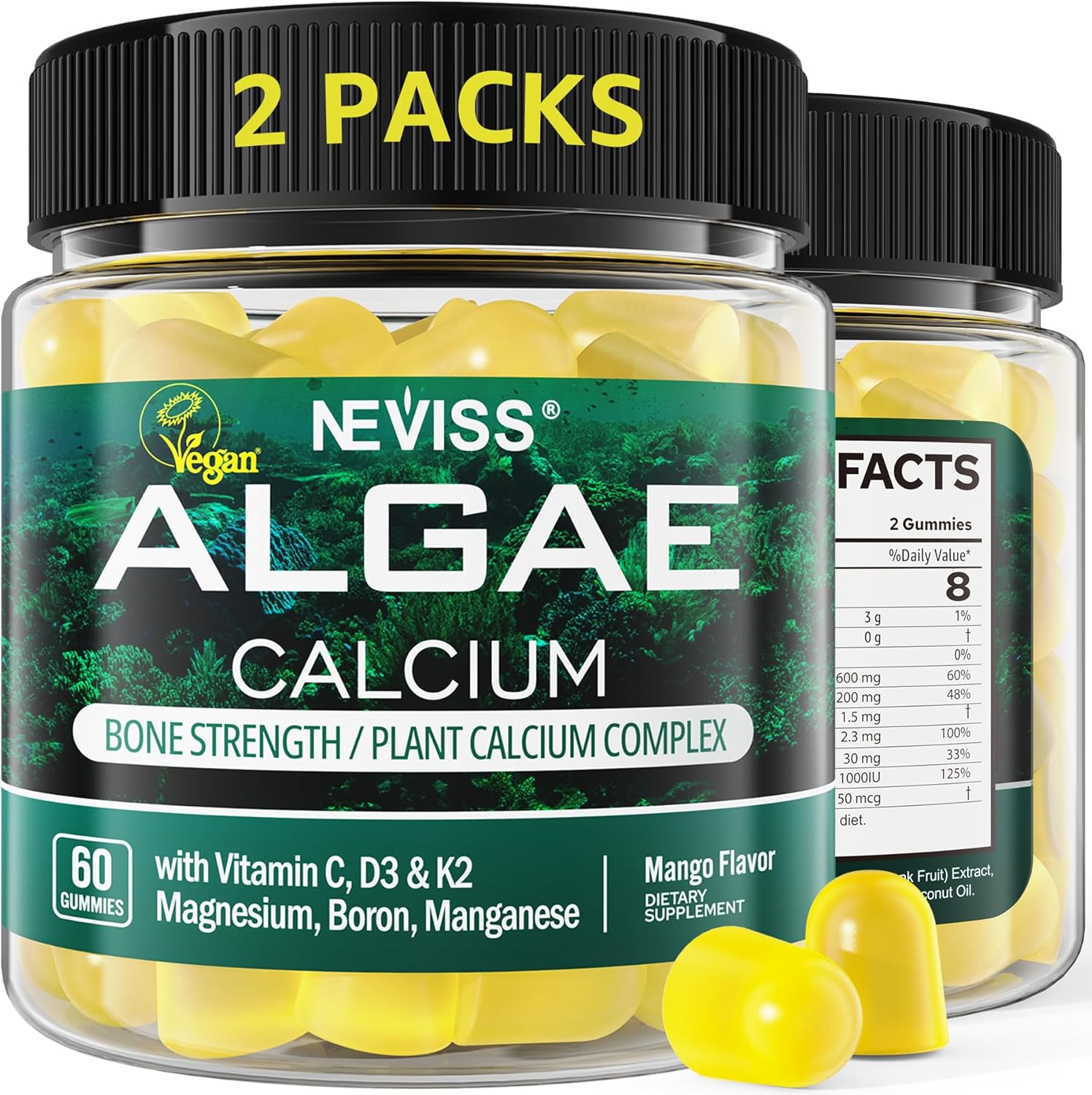 (2 Pack) Calcium Gummies for Women, Sugar Free Calcium Supplement from Sustainable Algae (3rd Party Tested) with Vitamin D3 K2, C, Zinc, Boron, Manganese for Bone Strength, Calcium Absoption, Vegan